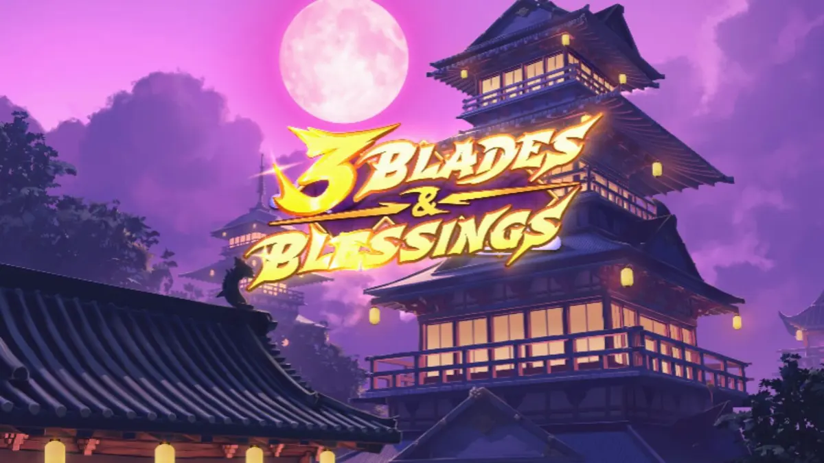 Tampilan visual slot 3 Blades & Blessings dengan tema ninja dan latar belakang Jepang feodal.