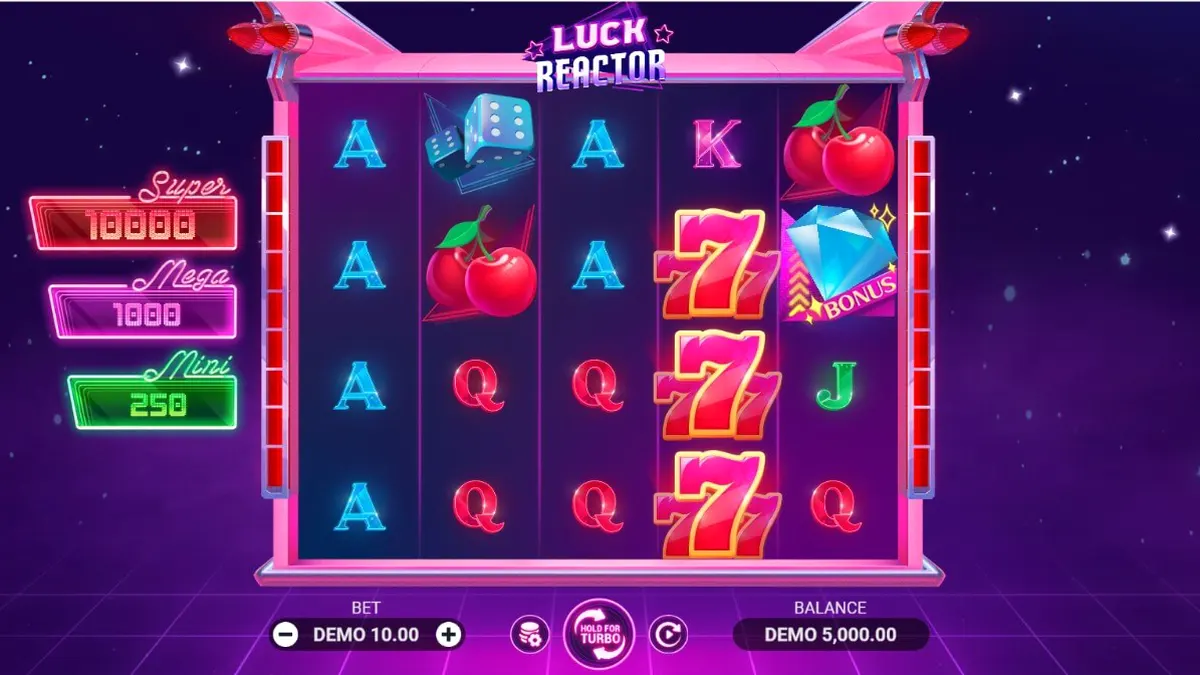 Tampilan layar permainan slot Luck Reactor dengan tema futuristik dan neon